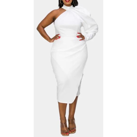 Unique Vintage Dresses & Skirts - LIVD Unique Vintage White Neoprene Scuba One Shoulder Dress 1X
